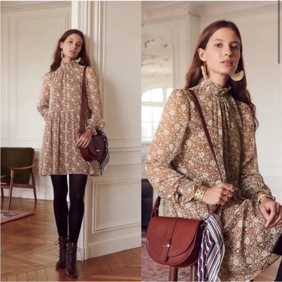 Sezane Olivia Long Sleeve Mini Dress in Flora Moka Brown Size 42 US 10 - Picture 12 of 12